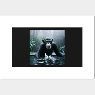 Chimpanzee in a Jungle lake in the rain Posters and Art